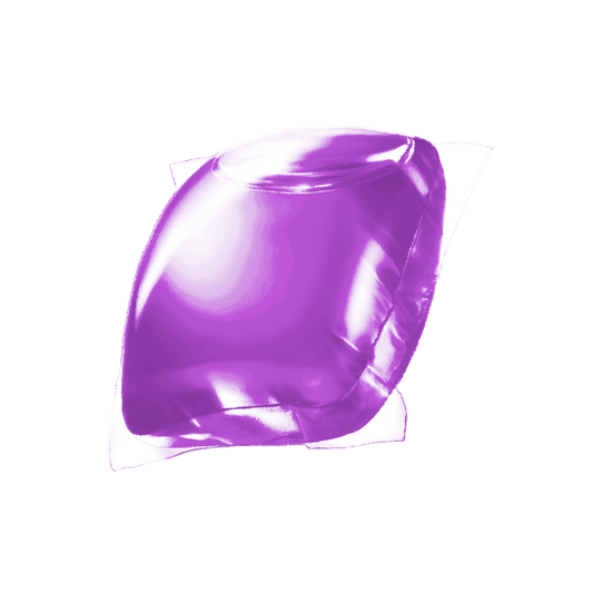 Close-up of a single Lavender PowerPax laundry detergent capsule with vibrant purple liquid.