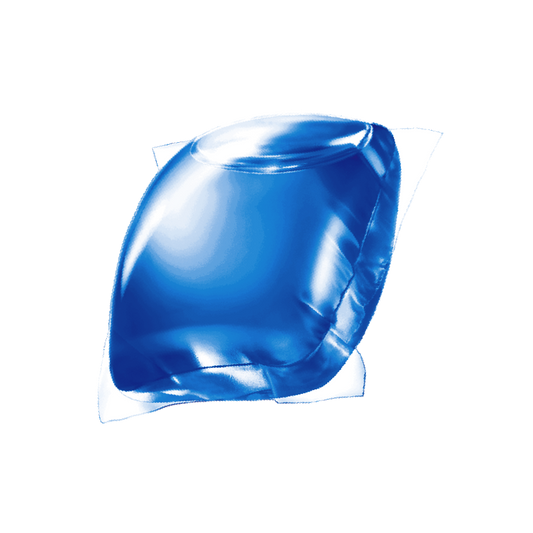 Close-up of a single Linen Fresh PowerPax laundry detergent capsule with crisp blue formula inside.