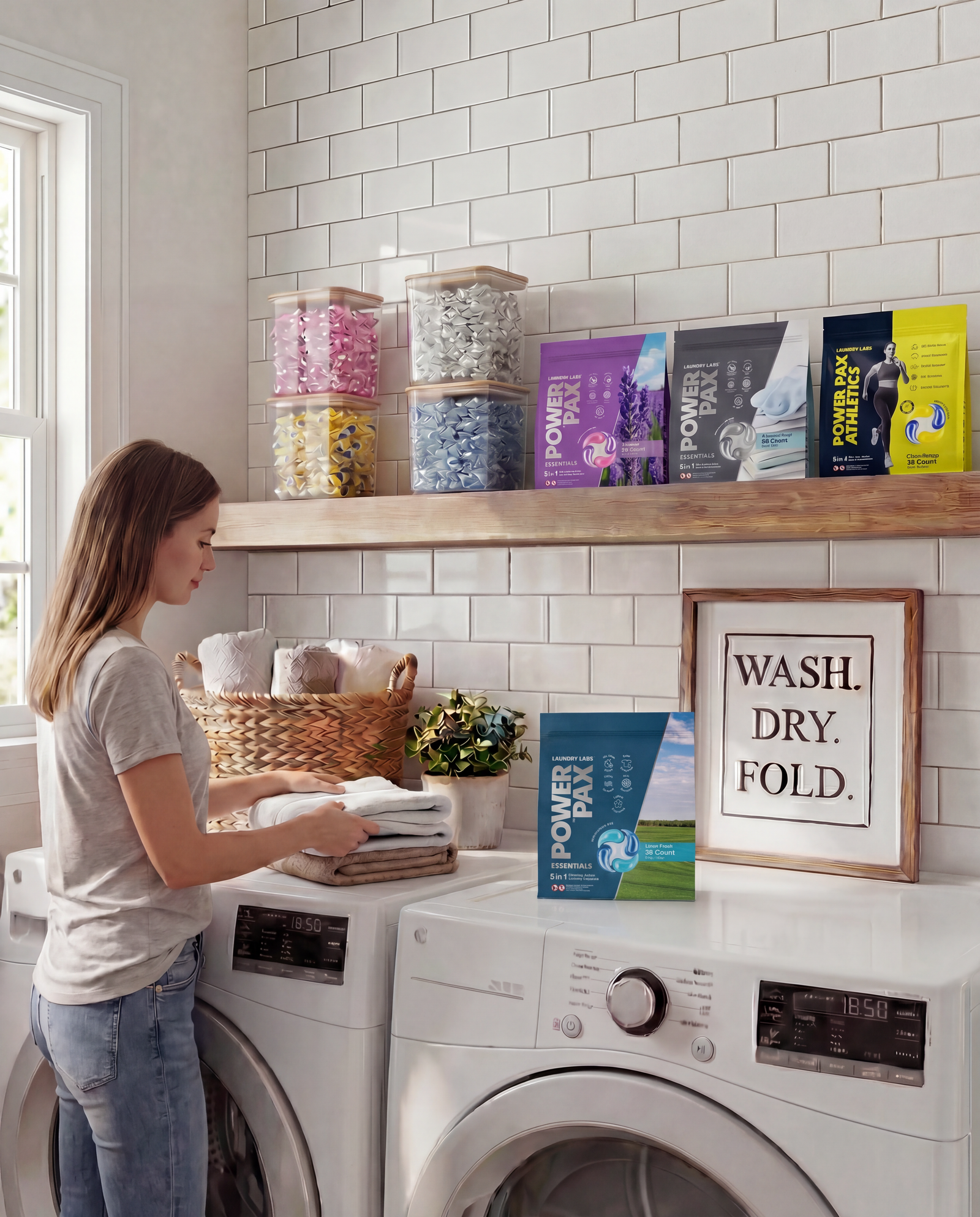 All four Laundry Labs mylar pouches on a laundry room shelf