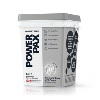 Front view of PowerPax Free and Clear laundry capsules bucket