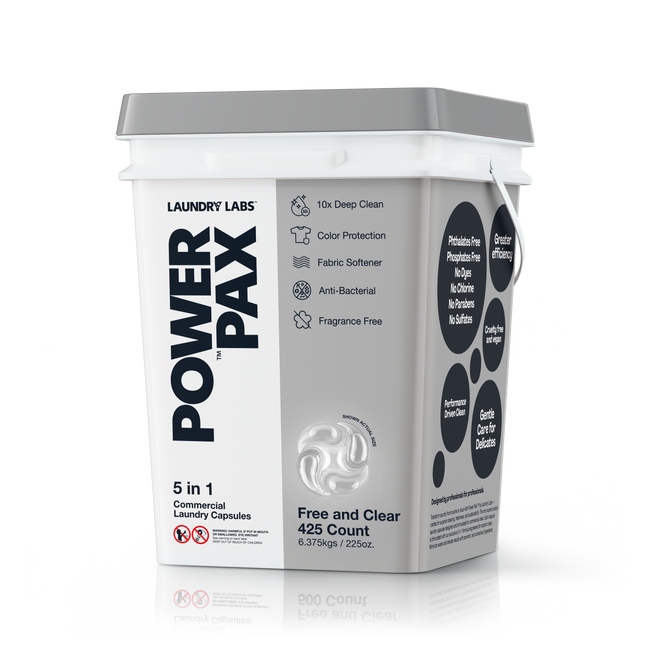 Front view of PowerPax Free and Clear laundry capsules bucket