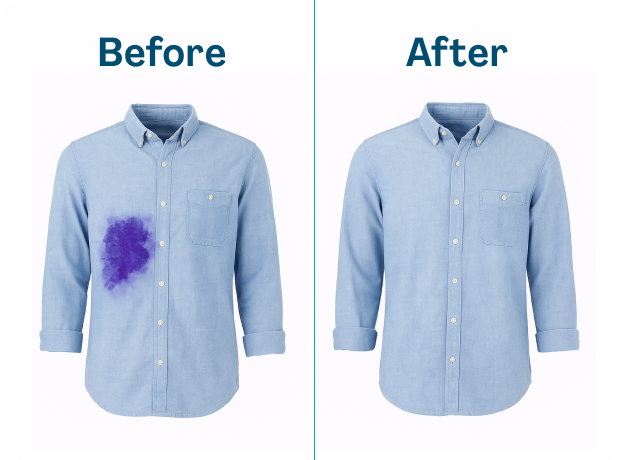 Before and after comparison of a blue shirt with a purple stain being removed.