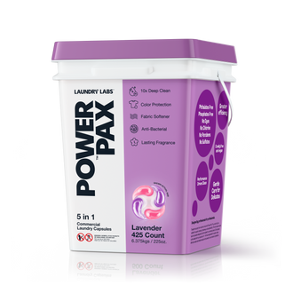 Angled view of Laundry Labs PowerPax lavender 5-in-1 laundry capsules bucket.