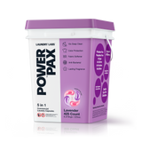 Angled view of Laundry Labs PowerPax lavender 5-in-1 laundry capsules bucket.