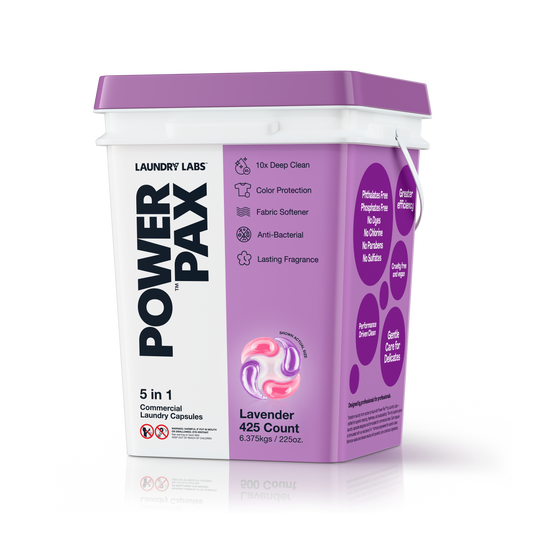 Angled view of Laundry Labs PowerPax lavender 5-in-1 laundry capsules bucket.