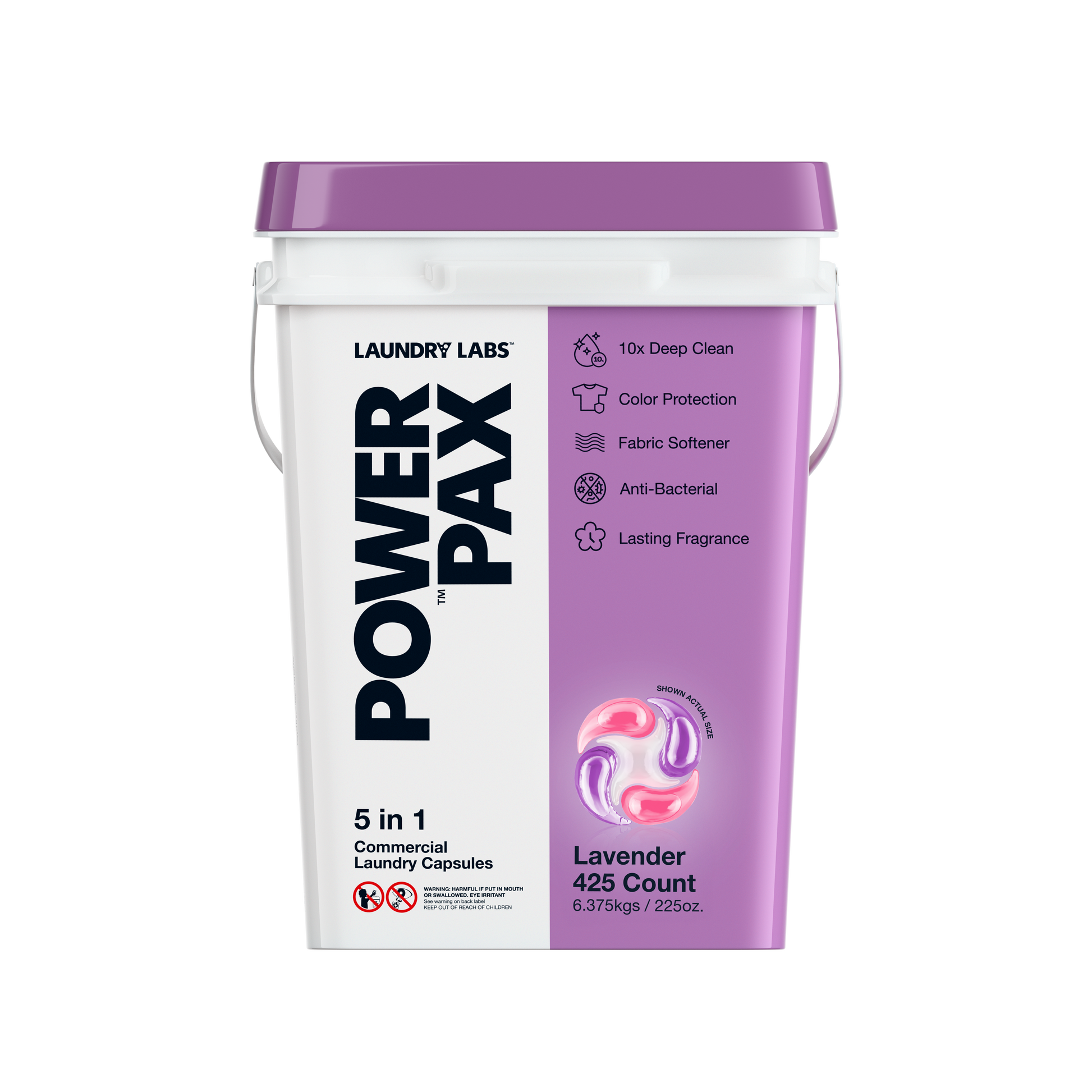 Front view of PowerPax Lavender laundry capsules bucket.