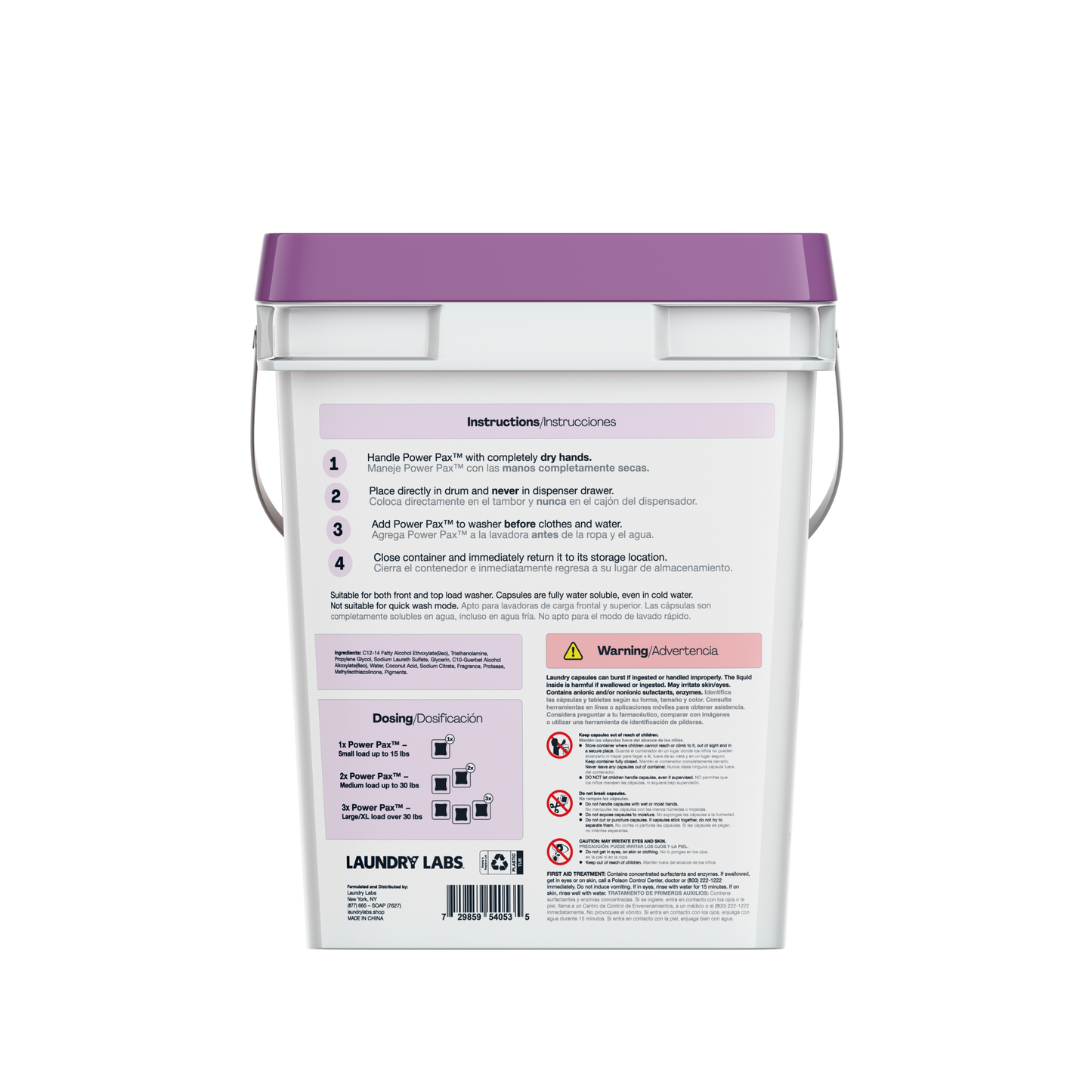 Back view of Lavender PowerPax bucket with instructions and safety info.