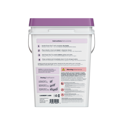 Back of PowerPax Lavender bucket with instructions, dosing info, and safety warnings.