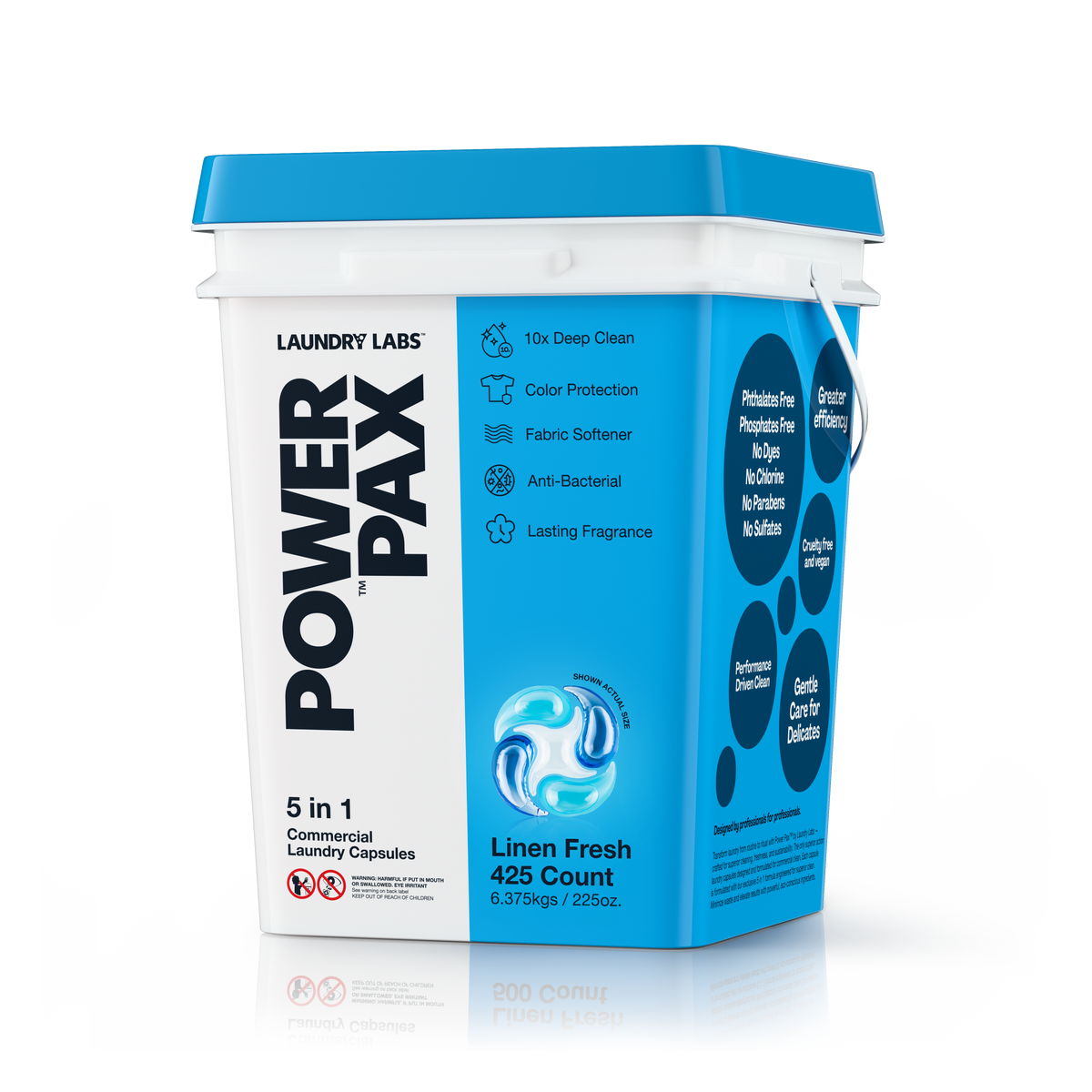 Angled view of Laundry Labs PowerPax Linen Fresh 5-in-1 capsules bucket.