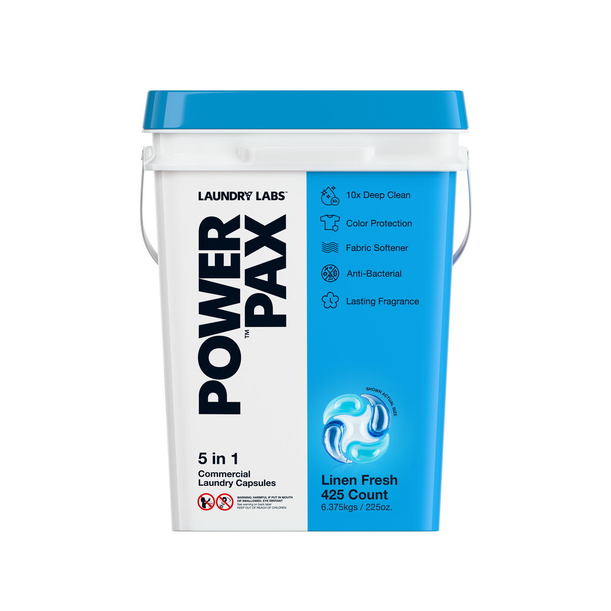 Front view of PowerPax Linen Fresh bucket with color protection and freshness.
