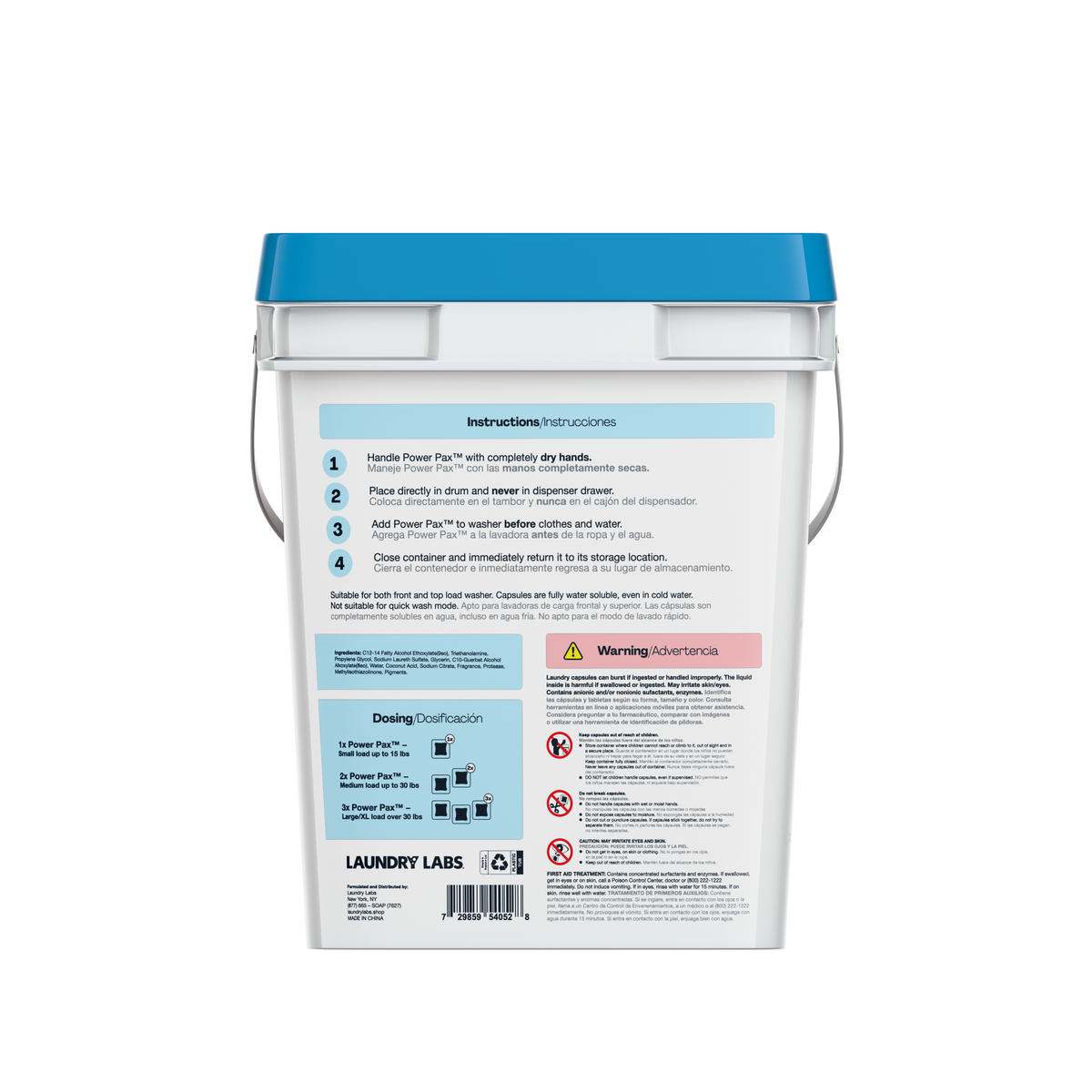 Back view of Linen Fresh PowerPax bucket with directions and safety info.