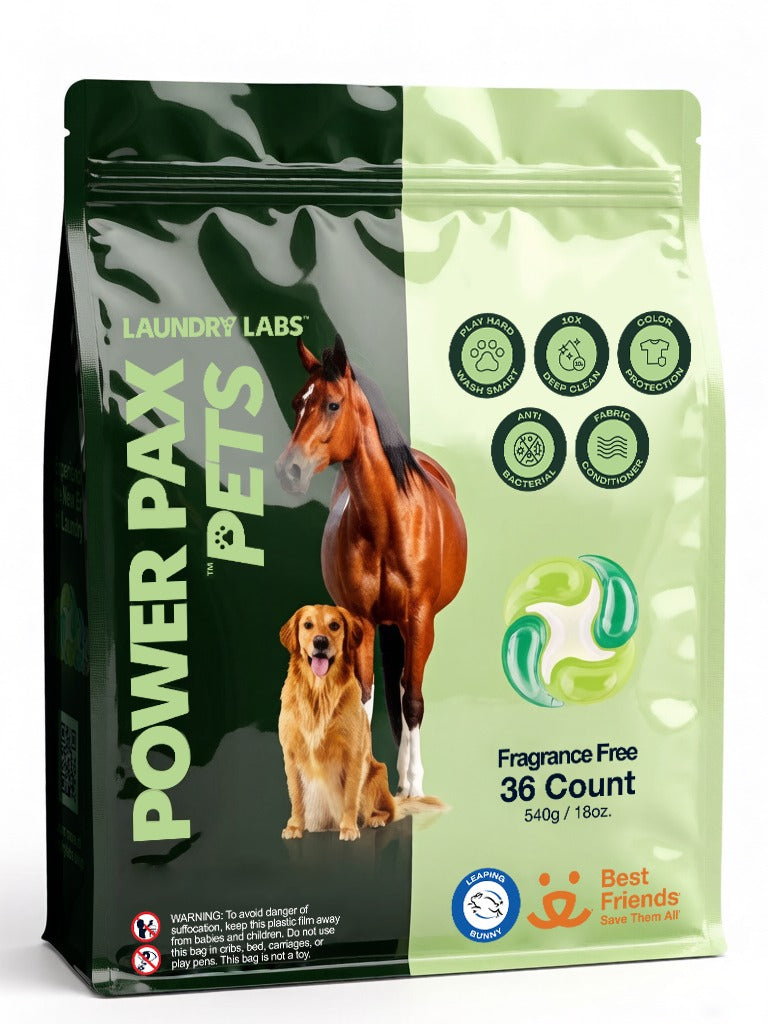 A stand-up pouch of Power Pax Pets Laundry Labs pet detergent, featuring a split dark green and light green design with images of a horse and a dog, on a white background.