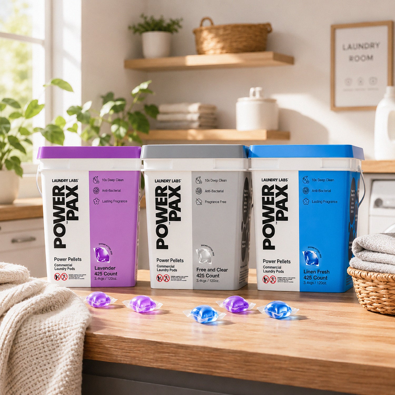 Three large POWER PAX laundry detergent tubs arranged on a wooden countertop in a bright, real laundry room setting. The tubs are lavender-purple, white/gray, and blue, with matching colored detergent pods scattered in front.