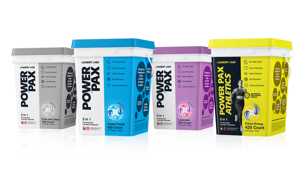 The PowerPax range: Free and Clear, Linen Fresh, Lavender and Athletics Citrus Energy 425-count buckets
